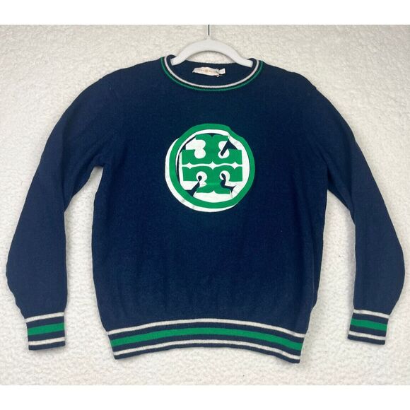 Tory Burch Sweaters - Tory Burch Women’s 100% Wool Crew Neck Navy Blue Green Sweater Size L Fit S READ